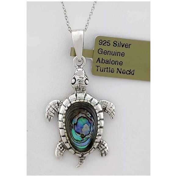Genuine Abalone Shell Turtle Pendant Necklace .925 Sterling Silver